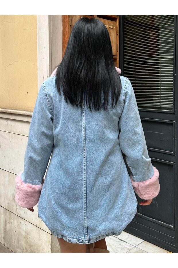 Kürklü Denim Kadın Uzun Mont - 4