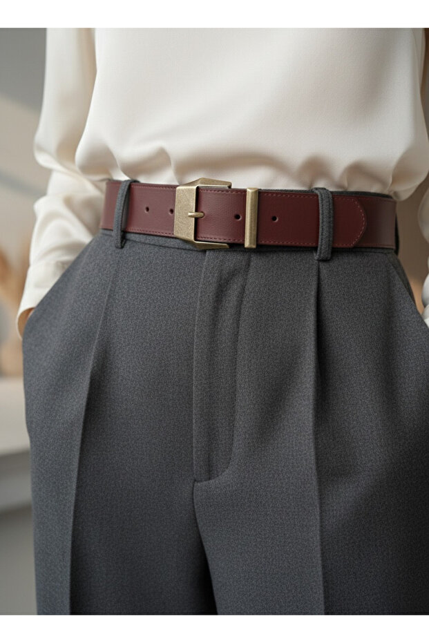 Burgundy Stitched Leather Belt with Gold Buckle
