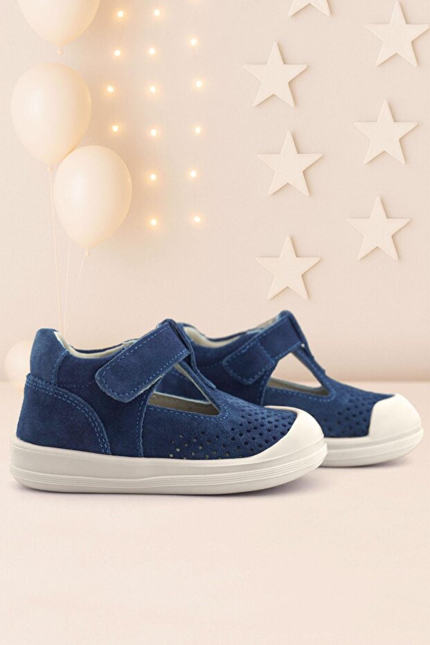 Shaun Genuine Leather Navy Blue White Velcro Anatomical Baby Sandals