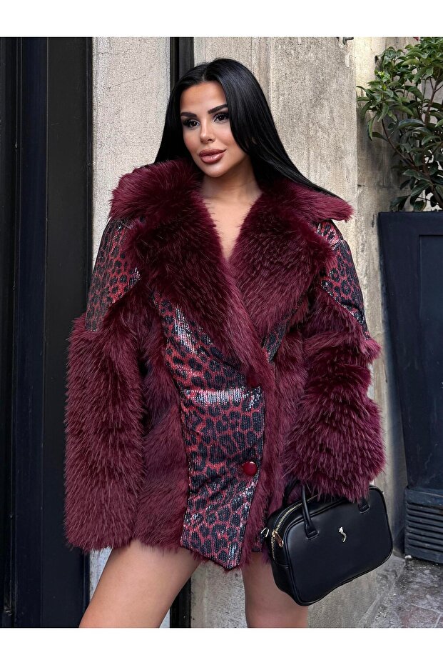 Fur collar leopard scale embroidered coat - 1