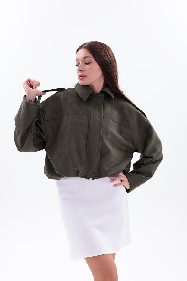 OVERSİZE HAKİ SÜET BOMBER CEKET - 6