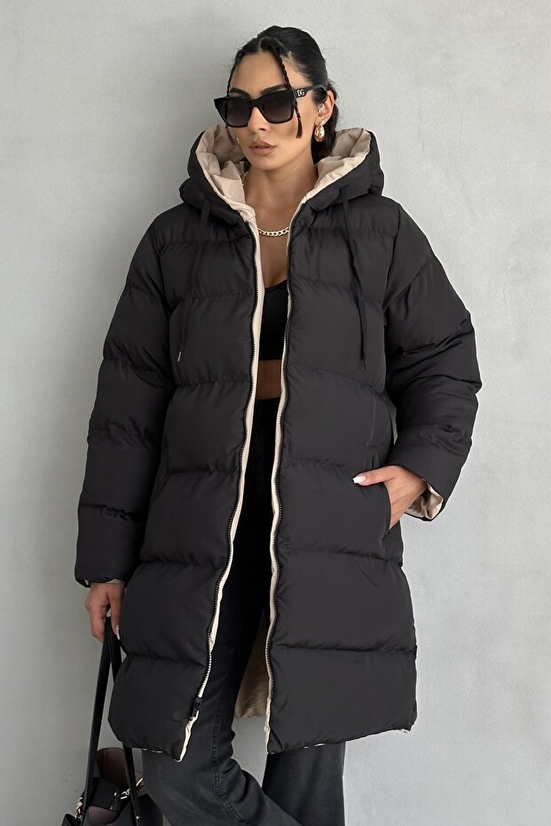 Double-Sided Oversized Women's Puffer Jacket – Hooded Regular Fit, Black/Beige - 1