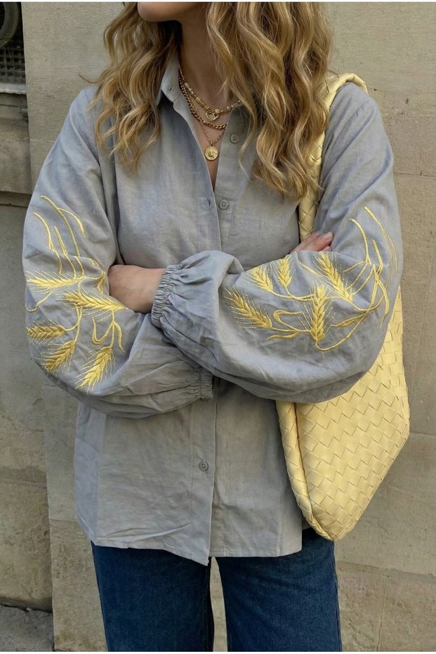 Women's Gray Balloon Sleeve Embroidery Embroidered Cotton Shirt