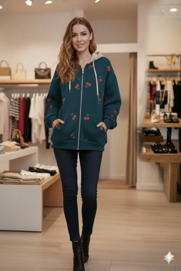 Liyadaco Oversized Cherry Printed Zipper Petrol Blue White Hooded Sweatshirt -Cardigan