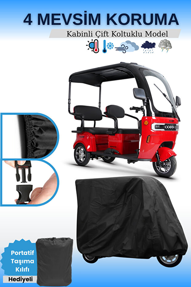 Black Cabin Moped Tarpaulin for 3 Persons, 3-Wheel Cabin Tarpaulin