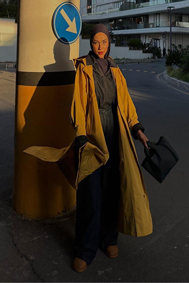 Kapüşonlu Oversize Yağmurluk Sarı - 2