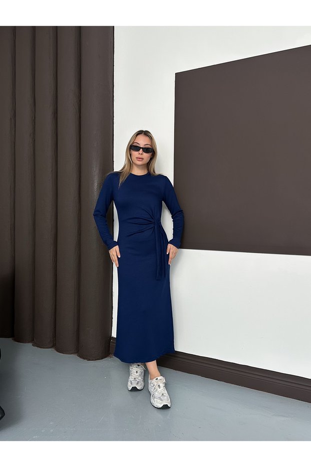 Women's Tie Detail Regular Long Modal Navy Blue Dress