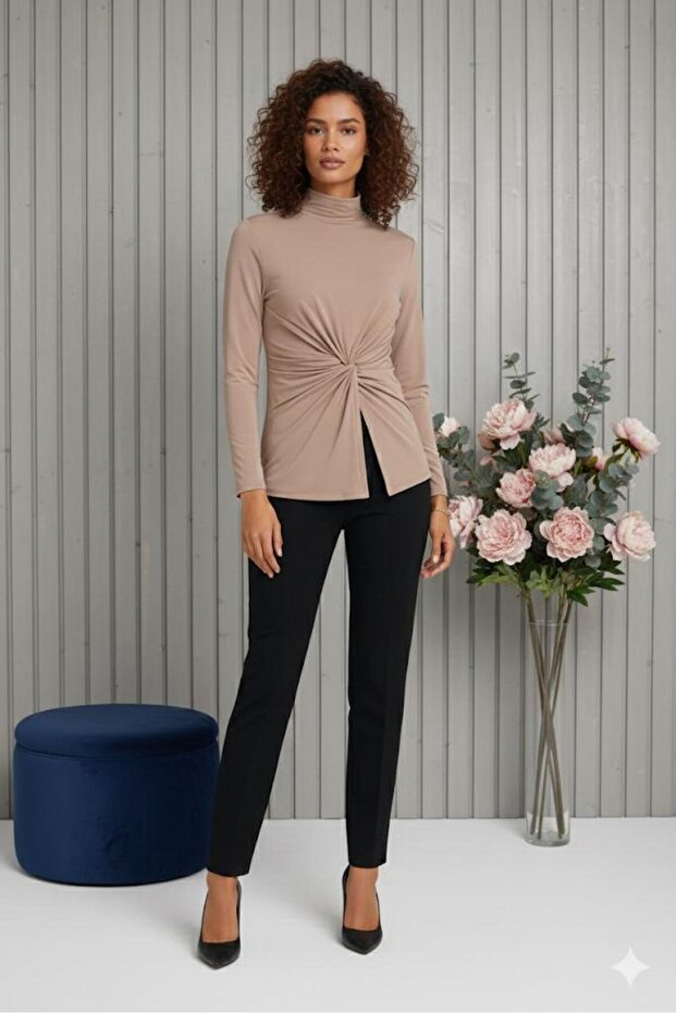 Knitted Blouse with a High Neck, Drawstring Detail at the Front and Slit Detail.