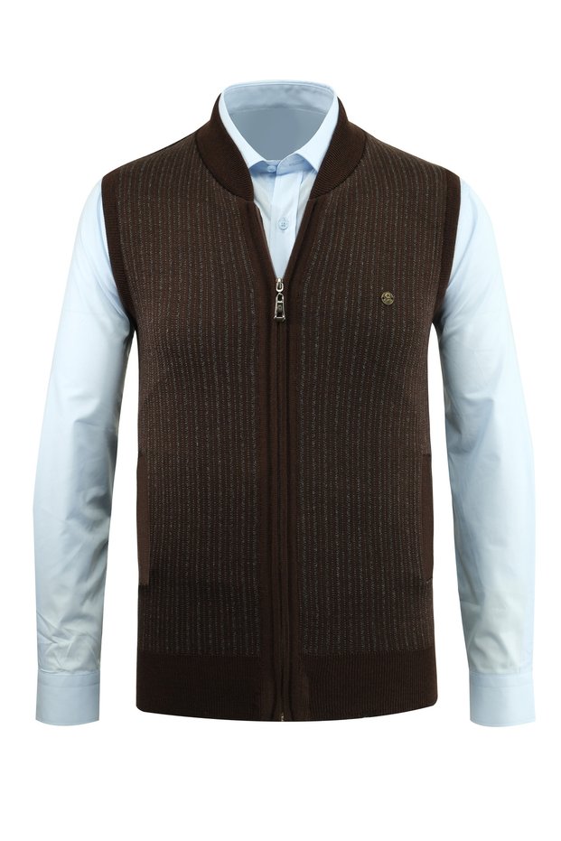Men's Knitwear Brown Vest with Zippered Pockets Steel Knitwear Classic Fit - 5004J