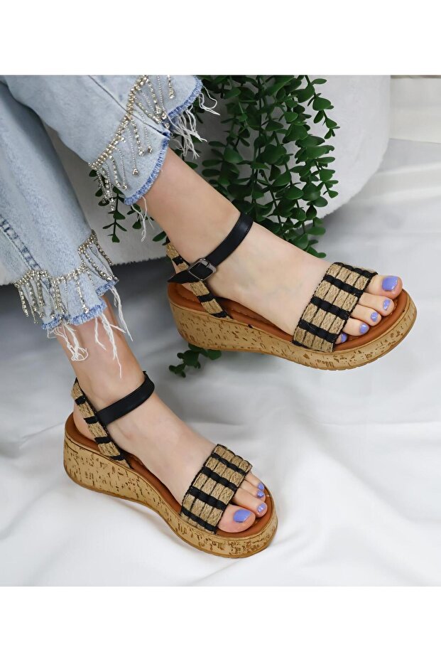 Straw Detailed Cork Sole Orthopedic Sole Sandals Black