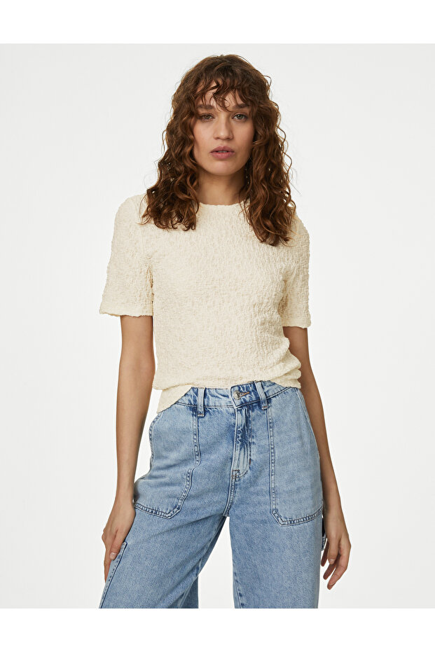 Kısa Kollu Dokulu Örme Bluz - 2