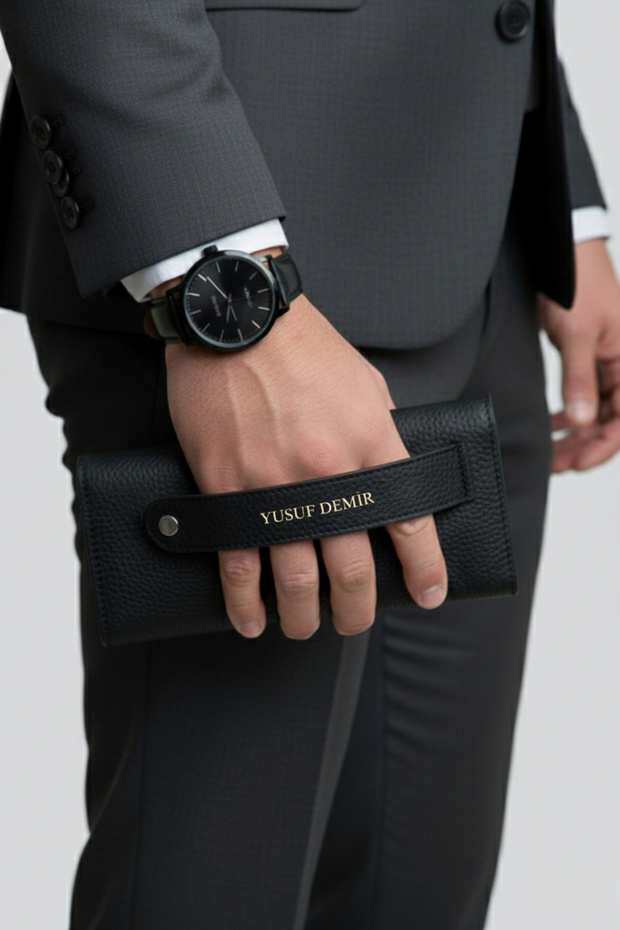 Unisex Black Large Paraportfolio Clutch Bag with Wallet and Hand Band - with Phone Compartment