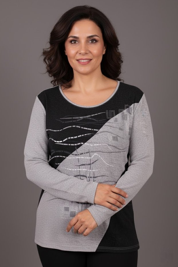 Women's Plus Size Stretch Fabric Crew Neck Front Paneled Printed Soft Sweater Mom Blouse