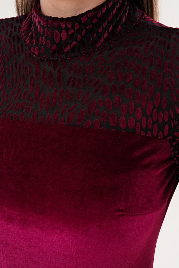 Kadife Devore Boğazlı Elbise - 7