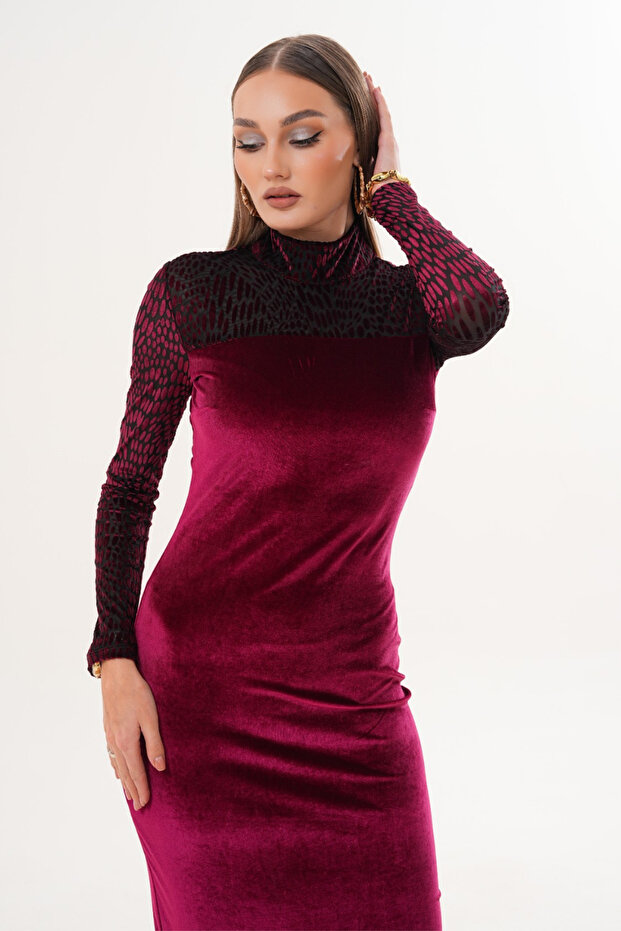 Kadife Devore Boğazlı Elbise - 6