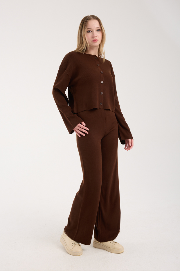 Cardigan Pants Coffee Women's Bottom Top Knitwear Set