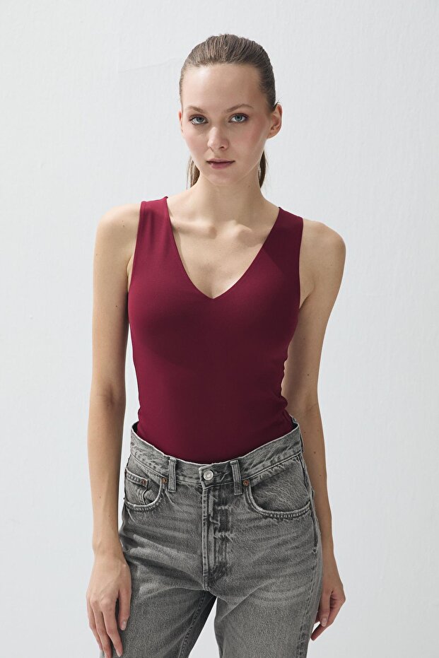 Women's Burgundy Color V-Neck Snap-On Bodysuit