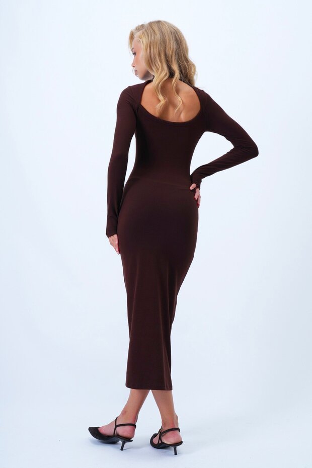 Acı Kahve Dik Yaka Sırt Dekolteli Maxi Boy Sandy Elbise ALC-X14385 - 2