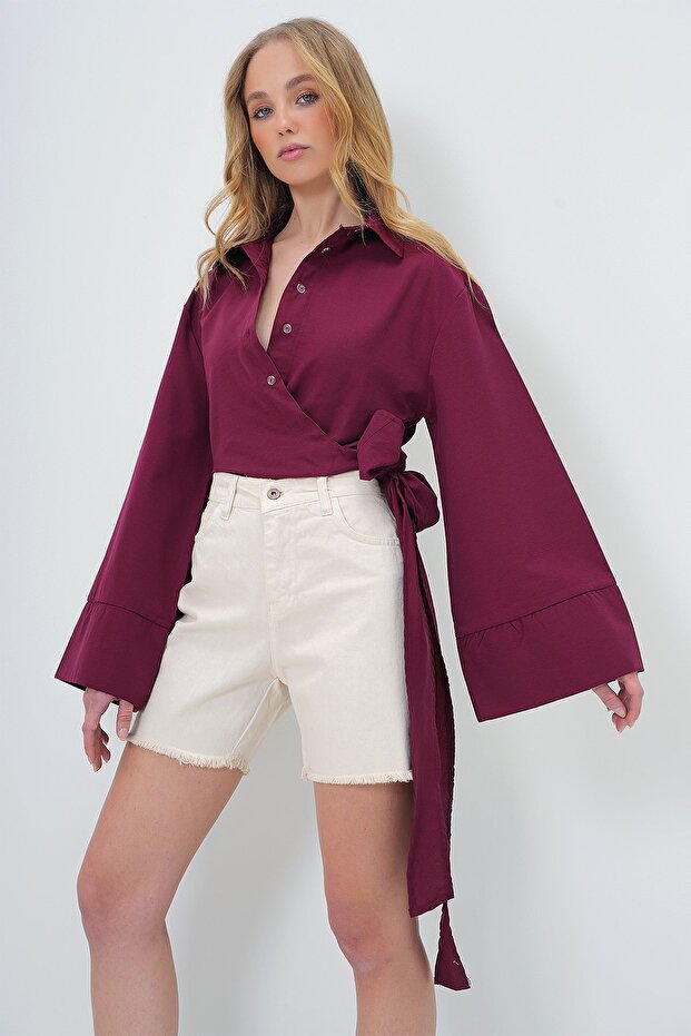 Trend Alaçatı Stili Bordo Geniş Manşetli Kol Detaylı Önü Bağlamalı Poplin Gömlek ALC-X13750