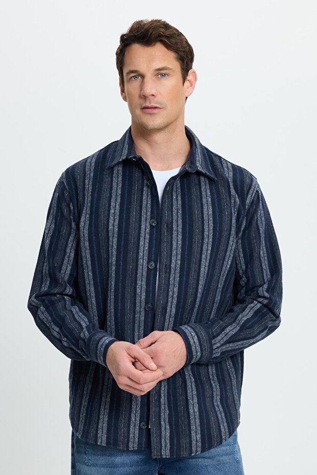 Men's Relax Fit Comfortable Cut Sports Collar Striped Lumberjack Shirt