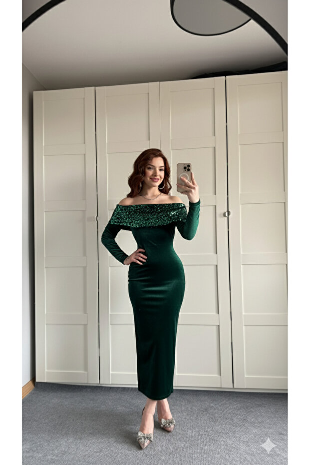 Women's Sequin Madonna Collar Velvet Stylish Evening Dress