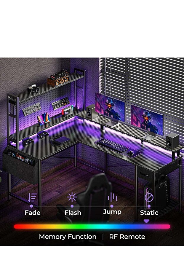 مكتب ألعاب ومكتب منزلي على شكل حرف L مزود بإضاءة RGB ومنافذ USB باللون الأسود