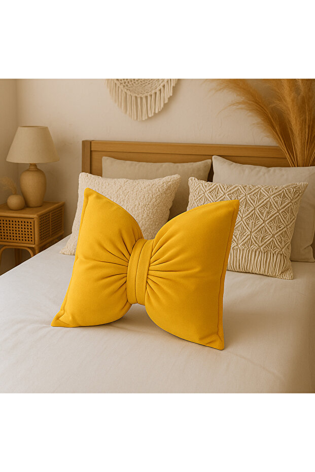 Ribbon Appearance Decorative Inner Filled Throw Pillow | Bow Velvet Texture Pillow