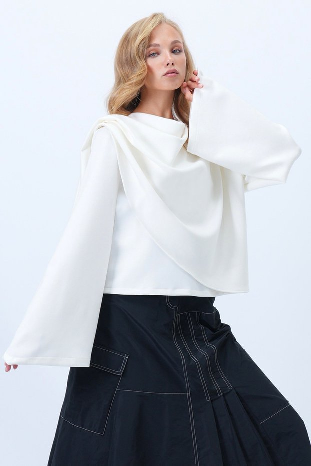 Women's Ecru Crew Neck Self-Shawl Detailed Wide Cut Design Blouse Alc-X14420