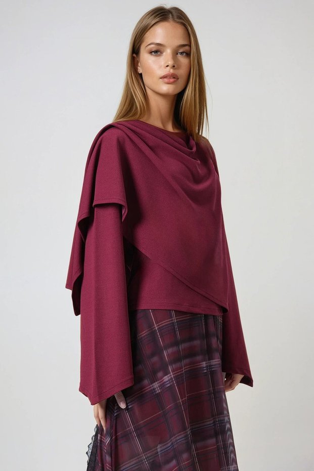 Women's Wine Crew Neck Self-Shawl Detailed Wide Cut Design Blouse Alc-X14420