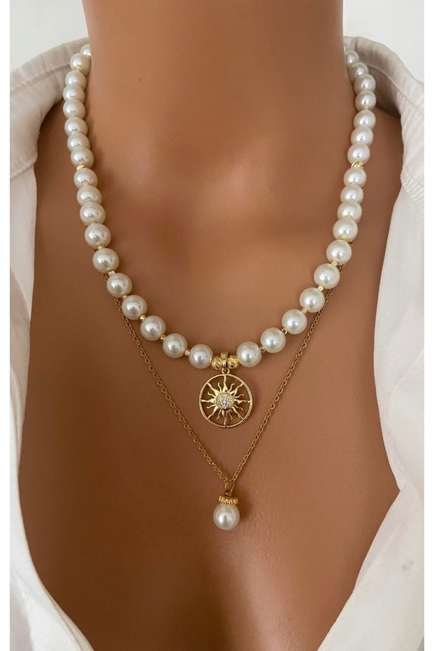 Two Necklaces Glass Pearl Off-White Steel Chain Double Special Design Women's Necklace Long Lasting Design