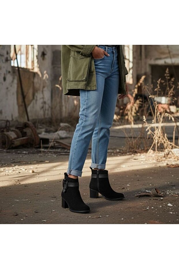Black Suede Genuine Leather Buckle Thick Heeled Women's Casual Boots