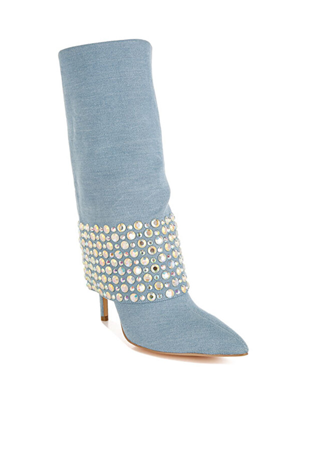 Women Diamante & Rhinestones Denim Boots in Blue