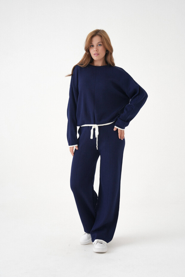 Women's Crew Neck Lace-Up Sweater Pants Knit Top and Bottom Set