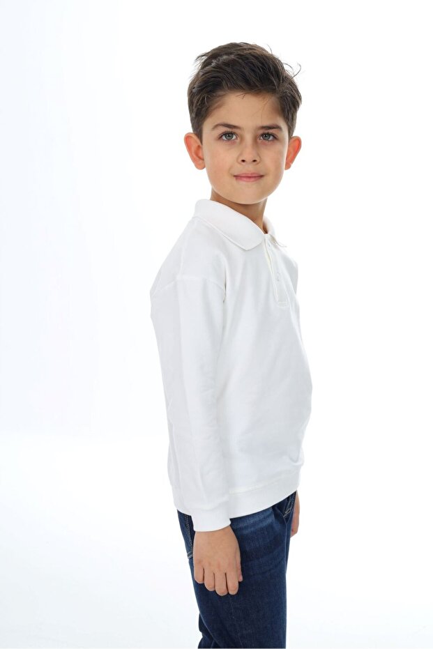 Boy's Printed Polo Neck Buttoned Long Sleeve T-Shirt