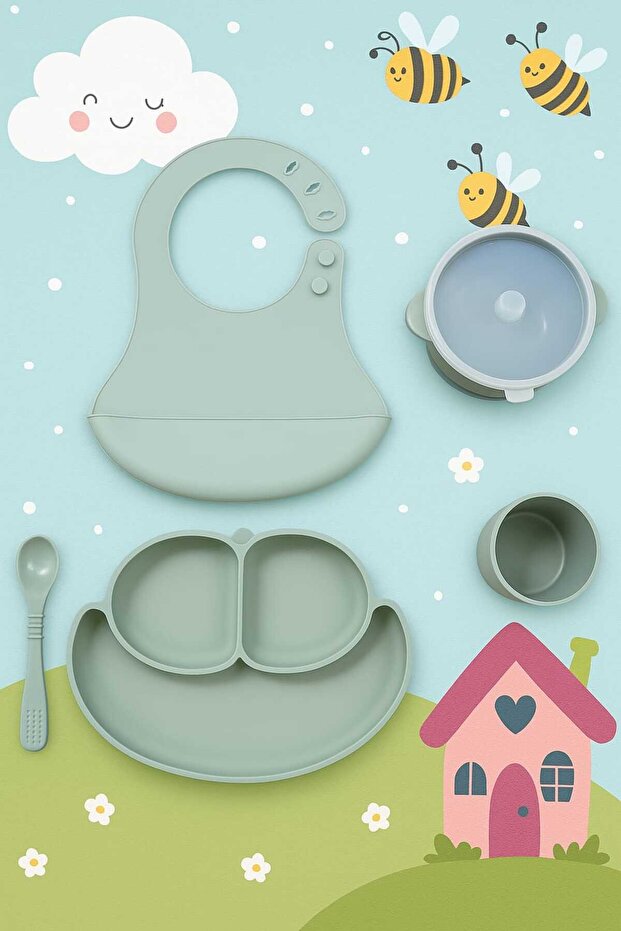 Silicone Baby Feeding Set 5 Pieces Myth Green