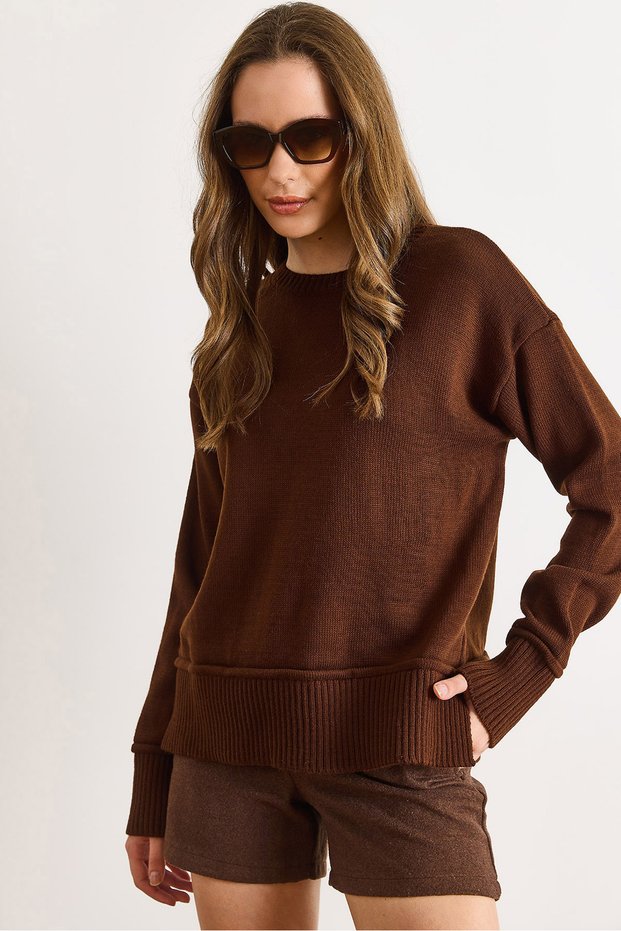 Women's Brown Cuffed Skirt Detailed Crew Neck Knit Sweater Kzk-19001087