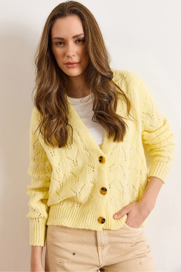 Women's Light Yellow Lace-Like Knit Soft Textured Knitwear Cardigan Hrk-19000444
