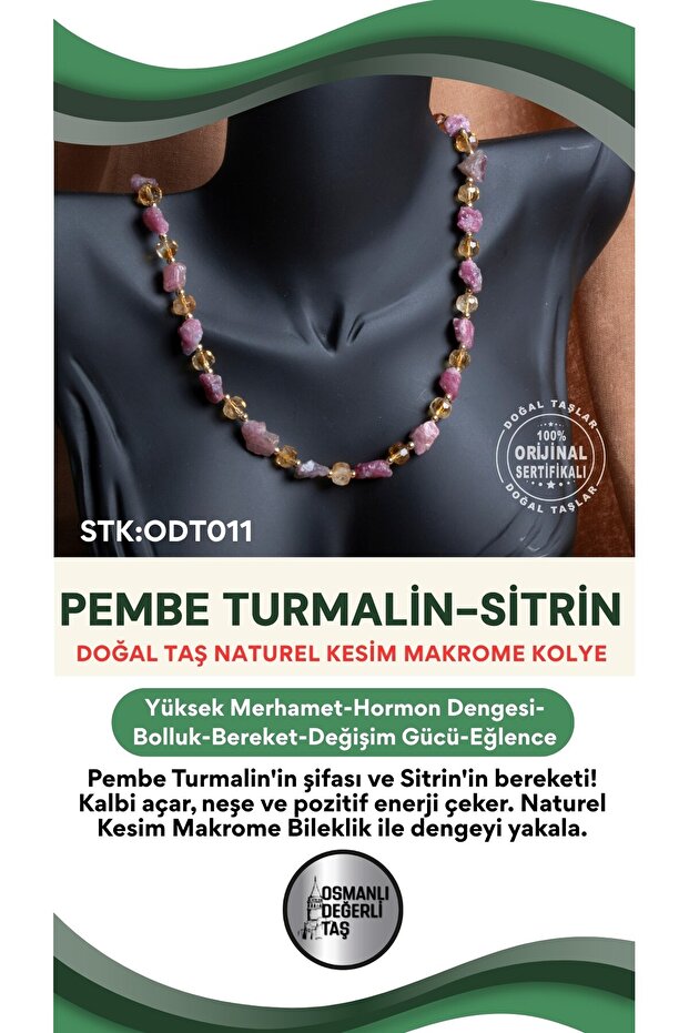 Certified Natural Stone P. Tourmaline-Citrine Natural Cut Macrame Necklace Odt011