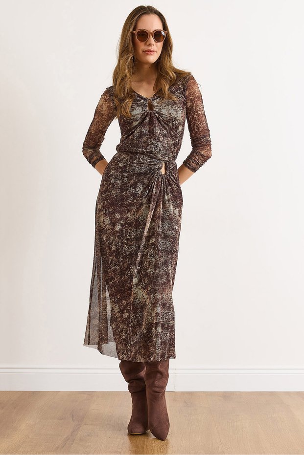 Women's Brown Lined Midi Skirt with Waist Accessory Detail Etk-19000371
