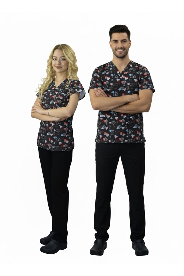 Unisex Black Love Patterned Veterinary Doctor Nurse Surgical Scrubs Uniform Set