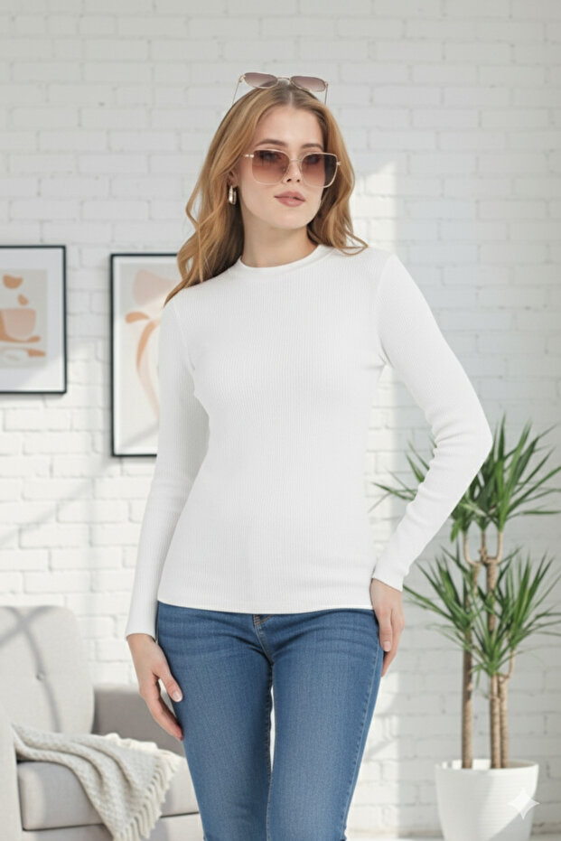 Women's Half High Neck Bodycron Ribbed Knit -Stylish- Blouse