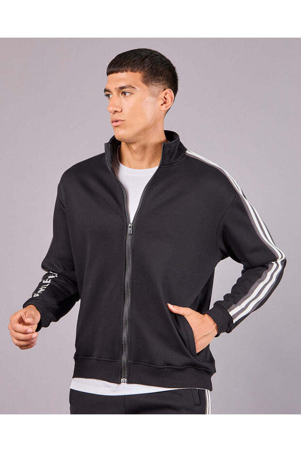 Men Black High Neck Zip Open Sweatshrirt