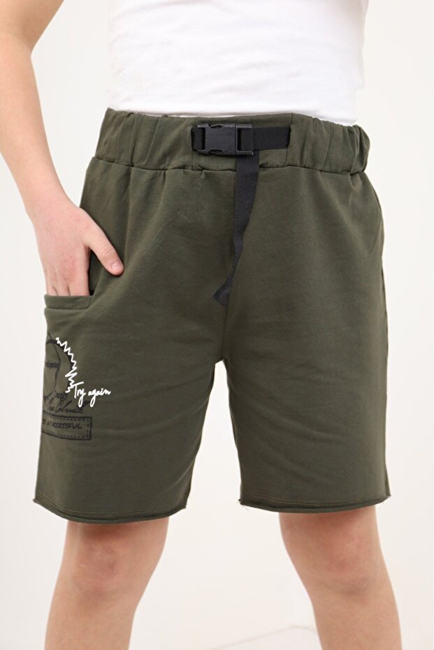 Boy's Printed Single Pocket Shorts with Elastic Waist - Belt Detail