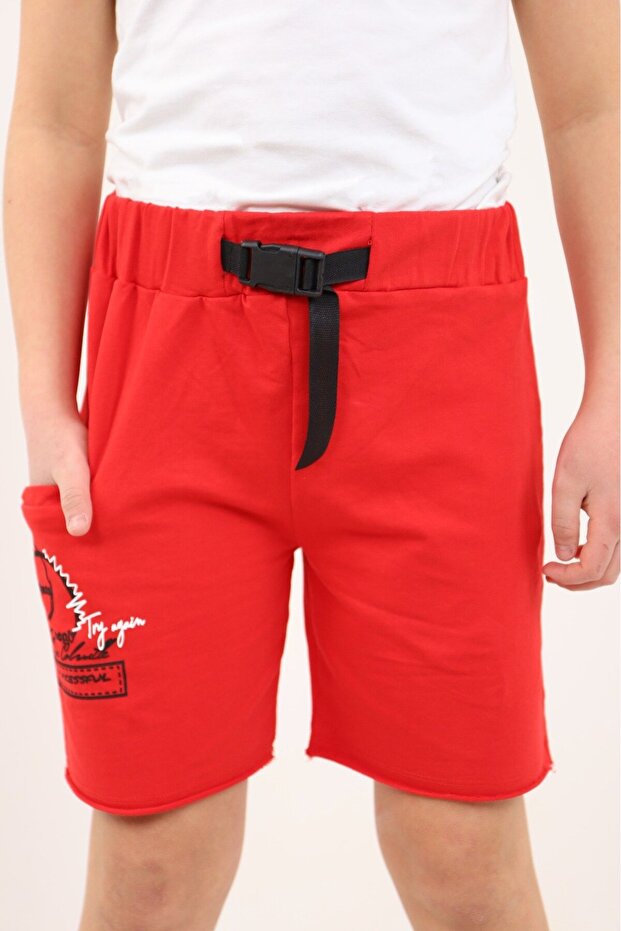 Boy's Printed Single Pocket Shorts with Elastic Waist - Belt Detail