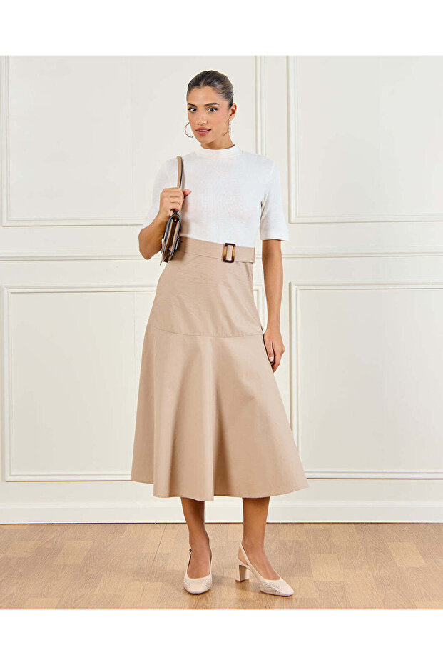 Women White And Beige Knitted Belted Yoke Dress