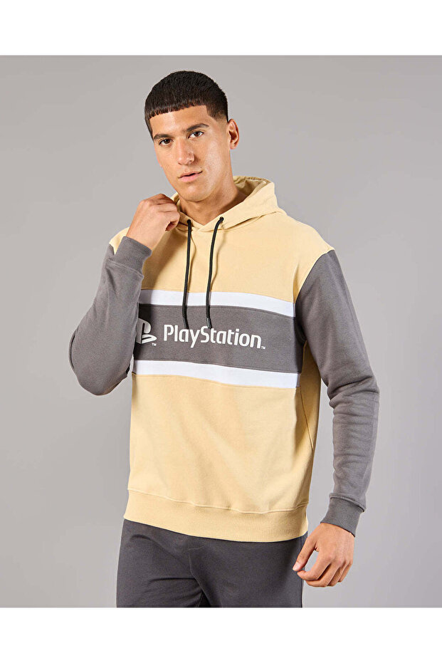 Men Beige Play Station Hooded Sweatshirt