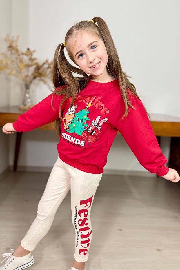 Girl's Red Tights Set with Friends Text and Christmas Tree Detail