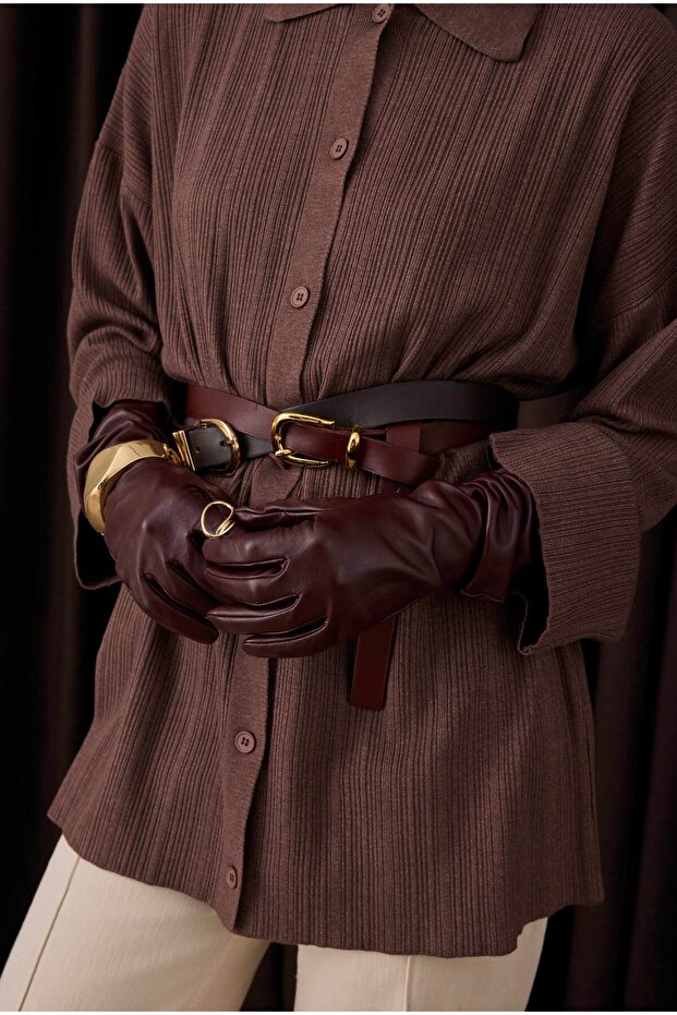 %100 Deri Uzun Eldiven Bordo - 2