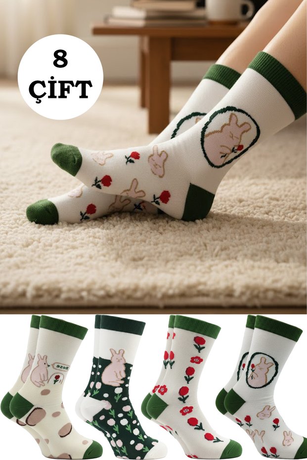 Women's Socks Non-Squeezing Cotton Patterned Socks Multi-Colored Pack of 8