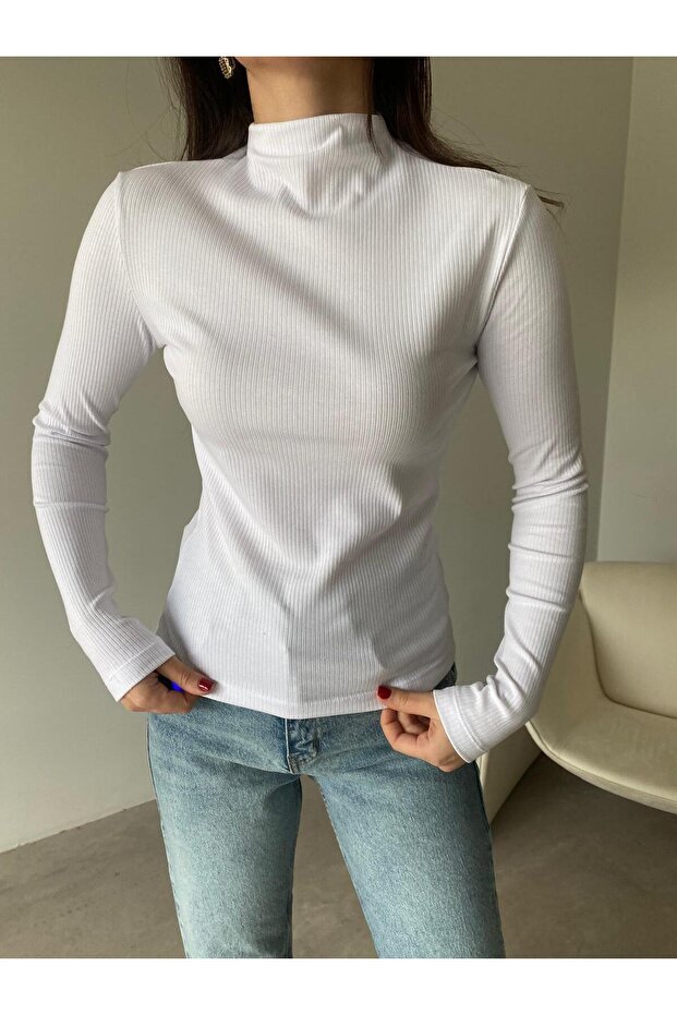 بلوزة بيضاء أساسية بنصف ياقة صيد السمك - 2